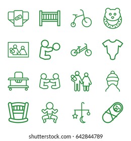 Newborn icons set. set of 16 newborn outline icons such as baby bed, bed mobile, diaper, child bicycle