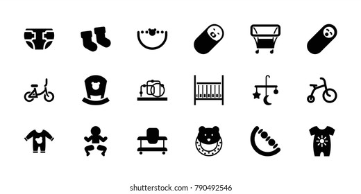 Newborn icons. set of 18 editable filled newborn icons: baby socks, bed mobile, baby onesie, child bicycle, newborn child, diaper