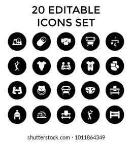 Newborn icons. set of 20 editable filled newborn icons such as baby bed, bed mobile, diaper. best quality newborn elements in trendy style.