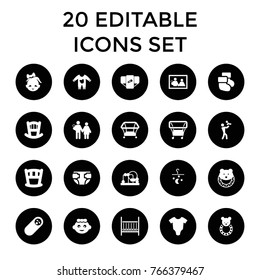 Newborn icons. set of 20 editable filled newborn icons such as baby bed, baby onesie, diaper, playpen, family photo