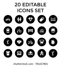 Newborn icons. set of 20 editable filled newborn icons such as baby bed, diaper, baby onesie, child bicycle, playpen. best quality newborn elements in trendy style.
