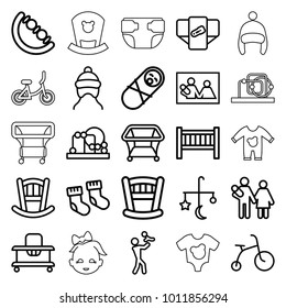Newborn icons. set of 25 editable outline newborn icons such as baby bed, baby socks, bed mobile, diaper, child bicycle, playpen