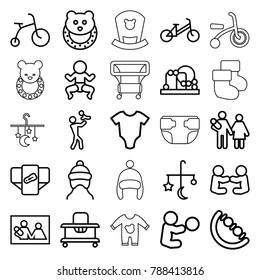 Newborn icons. set of 25 editable outline newborn icons such as bed mobile, baby onesie, diaper, child bicycle, family photo