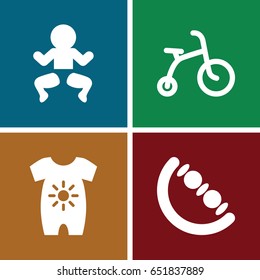 Newborn icons set. set of 4 newborn filled icons such as baby onesie, child bicycle, baby toy