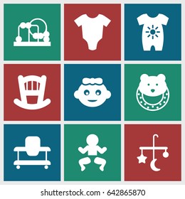 Newborn icons set. set of 9 newborn filled icons such as baby bed, bed mobile, baby onesie