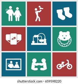 Newborn icons set. set of 9 newborn filled icons such as baby socks, diaper, child bicycle, couple with newborn