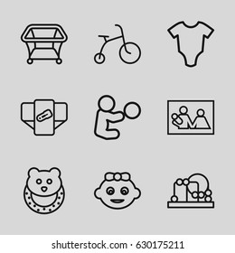 Newborn icons set. set of 9 newborn outline icons such as baby onesie, baby girl, diaper, child bicycle, playpen