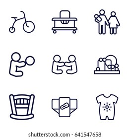 Newborn icons set. set of 9 newborn outline icons such as diaper, baby onesie, child bicycle