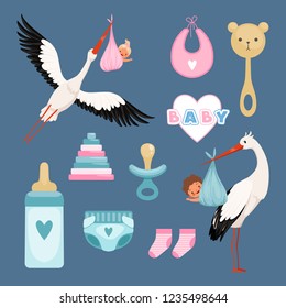 Newborn icons set. Cute items for kids dresses flowers toys toddler flying stork with baby vector colored items