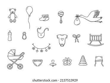 Newborn icons set doodle style. Vector illustration of elements for a baby