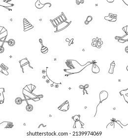 Newborn icons set doodle style. Vector illustration of elements for a baby.