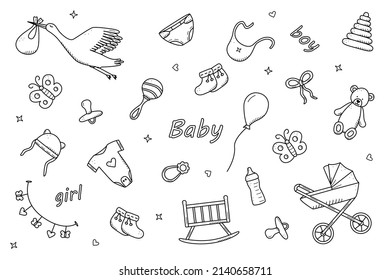 Newborn icons set doodle style. Vector illustration of elements for a baby