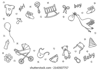 Newborn icons set doodle style. Vector illustration of elements for a baby