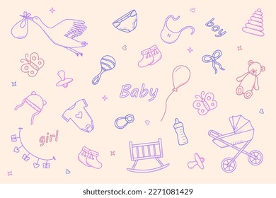 Newborn icons set doodle style. Vector illustration of elements for a baby