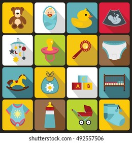 Newborn icons set in flat style. Baby toys, feeding and care set collection vector illustration