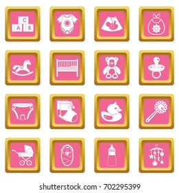 Newborn icons set in pink color isolated vector illustration for web and any design