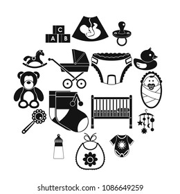 Newborn icons set in simple style. Baby toys, feeding and care set collection vector illustration