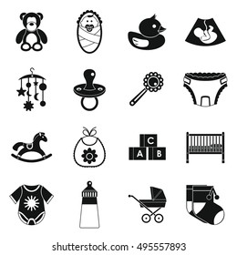 Newborn icons set in simple style. Baby toys, feeding and care set collection vector illustration