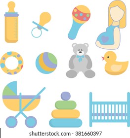 Newborn icons set. Sweet colors. Child staff icons. Vector stock illustration