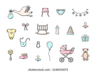 Newborn icons set. Vector illustration of elements for a little baby. baby stroller, baby work, rattles and teddy bear and much more