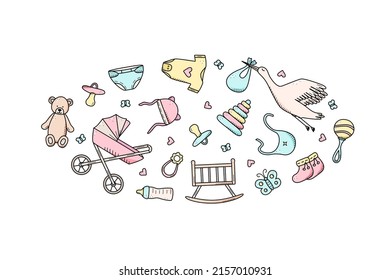 Newborn icons set. Vector illustration of elements for a little baby. baby stroller, baby work, rattles and teddy bear and much more