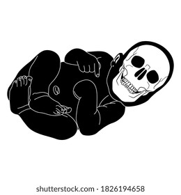 Newborn infant baby with skull face. Creative concept for life and death. Vita brevis. Black and white silhouette.