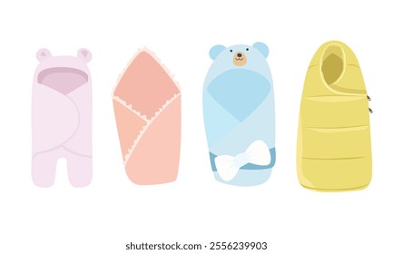 Newborn and infant baby sleeping bag vector set. Envelope and blanket collection for newborn. Blanket for discharging babies from maternity hospital. Baby element.