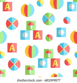 Newborn infant cute flat seamless pattern. Simple toys, balls and cubes. Vector drawings illustration. Bright colors.