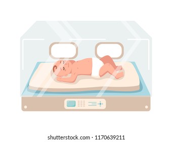 Newborn infant lies inside neonatal intensive care unit isolated on white background. Premature child sleeping in glass incubator box. Baby nursery. Colorful vector illustration in flat cartoon style