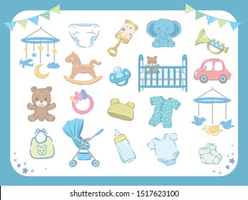 Newborn infant theme. Related items.  Baby care stuff, toys, clothes. Vector illustration.