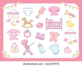 Newborn infant theme. Related items.  Baby care stuff, toys, clothes. Vector illustration.