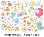 Newborn infant themed cute doodle set. Baby care, feeding, clothing, toys, health care stuff, safety, accessories. Vector drawings isolated.