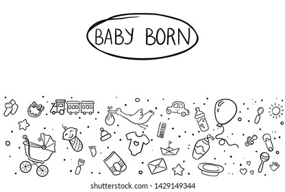 Newborn infant themed cute doodle set. Baby care, feeding, clothing, toys, health care stuff, safety, accessories. Vector drawings isolated
