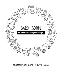 Newborn infant themed cute doodle set. Baby care, feeding, clothing, toys, health care stuff, safety, accessories. Vector drawings isolated