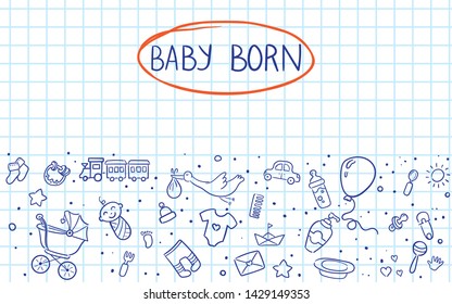 Newborn infant themed cute doodle set. Baby care, feeding, clothing, toys, health care stuff, safety, accessories. Vector drawings isolated