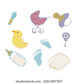 Newborn infant themed cute doodle. Vector drawings elements, isolated. Baby care, feeding, Baby toys, ball, bottle, duck, baby clothes, baby pillow, childrens footprints, accessories. Set