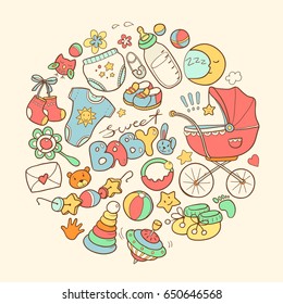 Newborn infant themed cute doodle round illustration. Baby care, feeding, clothing, toys, health care stuff, safety, accessories. Vector drawings isolated.
