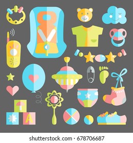 Newborn infant themed cute flat set. Baby care, feeding, clothing, toys, health care stuff, safety, accessories. Vector drawings isolated collection