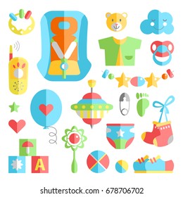 Newborn infant themed cute flat set. Baby care, feeding, clothing, toys, health care stuff, safety, accessories. Vector drawings isolated collection