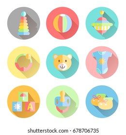 Newborn infant themed cute flat icons set. Baby care, clothing, toys, accessories. Vector drawings isolated collection. Bright colors