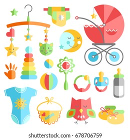 Newborn infant themed cute flat set. Baby care, feeding, clothing, toys, health care stuff, safety, accessories. Vector drawings isolated collection