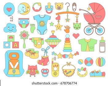 Un juego de piso lindo con la temática del recién nacido. Atención al bebé, alimentación, ropa, juguetes, material de salud, seguridad, accesorios. Dibujos aislados de vectores