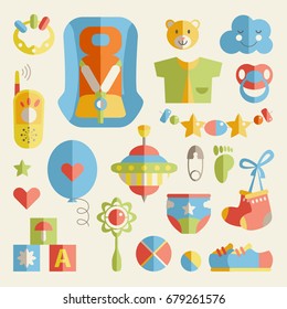 Newborn infant themed cute flat set. Baby care, feeding, clothing, toys, health care stuff, safety, accessories. Vector drawings isolated collection
