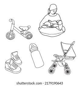 Newborn infant themed doodle set. Baby care, feeding, health care stuff, safety, furniture, accessories. Vector drawings isolated on white background.