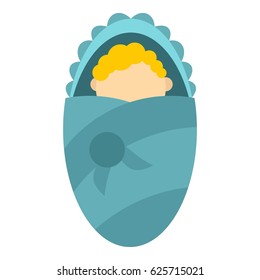Newborn Infant Wrapped In Blue Baby Blanket Icon Flat Isolated On White Background Vector Illustration