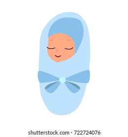 Newborn isolated on white background. Baby boy with happy smile. Sleeping little kid. Flat design.