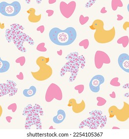 Newborn items seamless pattern on white background. For textile, packaging, DIY projects.