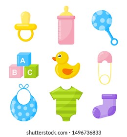 Newborn Items. Toys And Clothes Icons. Baby Care Supplies On White Background. Vector Illustration.