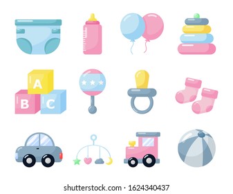 Newborn Items. Toys And Clothes Icons. Baby Care Supplies On White Background. Vector Illustration.