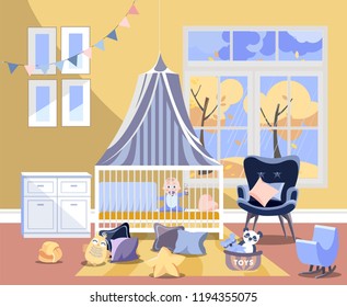 Newborn kid nursery room interior flat vector illustration of bedroom furniture. Childrens room with toys, chest of drawers with changing board, easy chair, bed with boy, window with autumn landscape